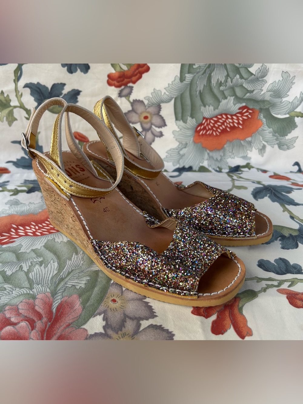 Pons Menorca Rainbow Glitter Cork Wedge Sandals w Gold Leather Ankle Straps